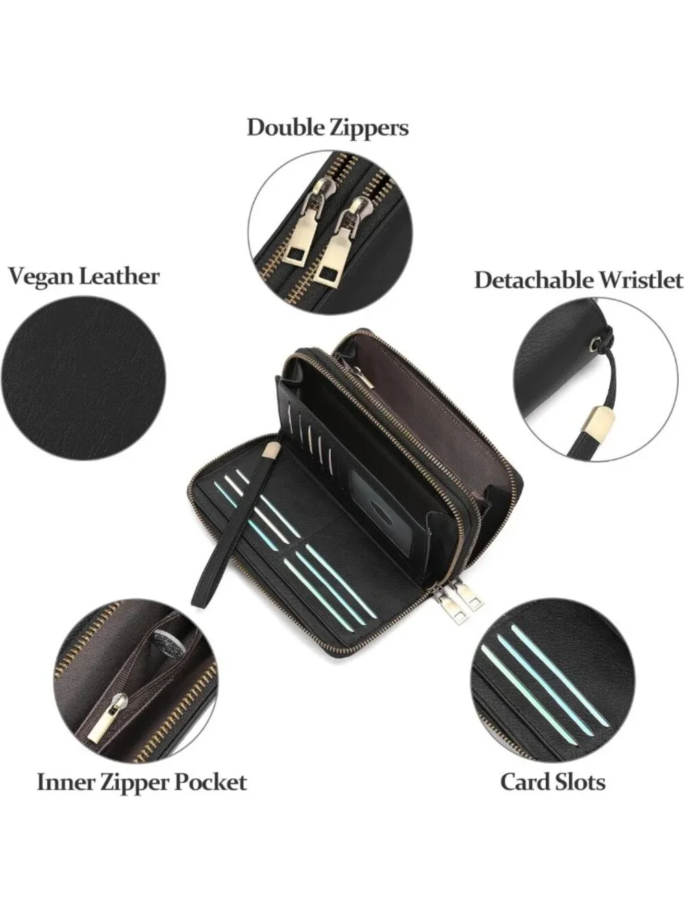 Stylish Black Zip Around Wristlet Wallet for Women - 2 Compartments, Clutch